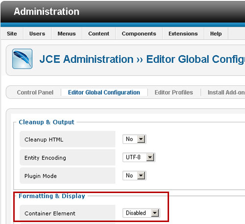 JCE Administration setting